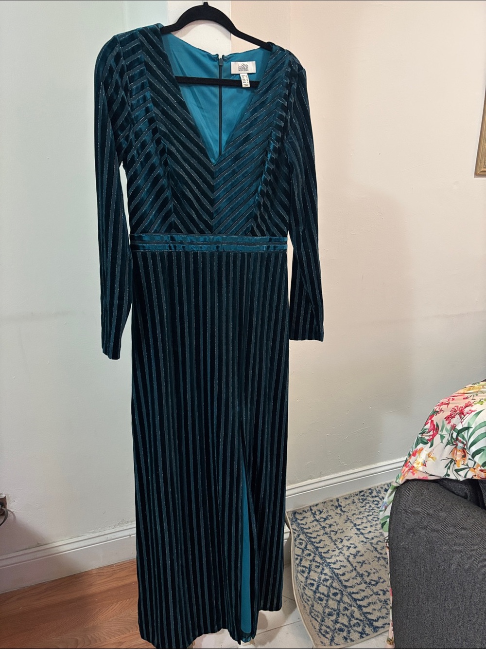 Velvet Striped V-Neck Maxi Dress - Teal by Unknown